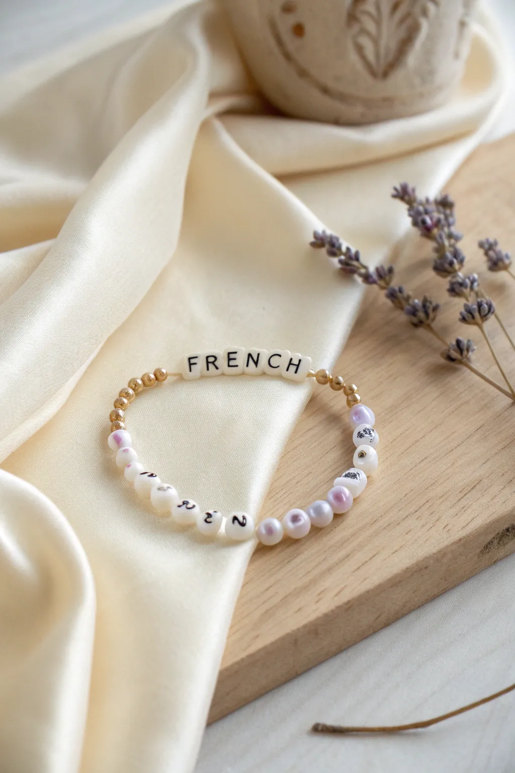 Learn French in style with this charming vocabulary bracelet. Simple, elegant, and educational.
