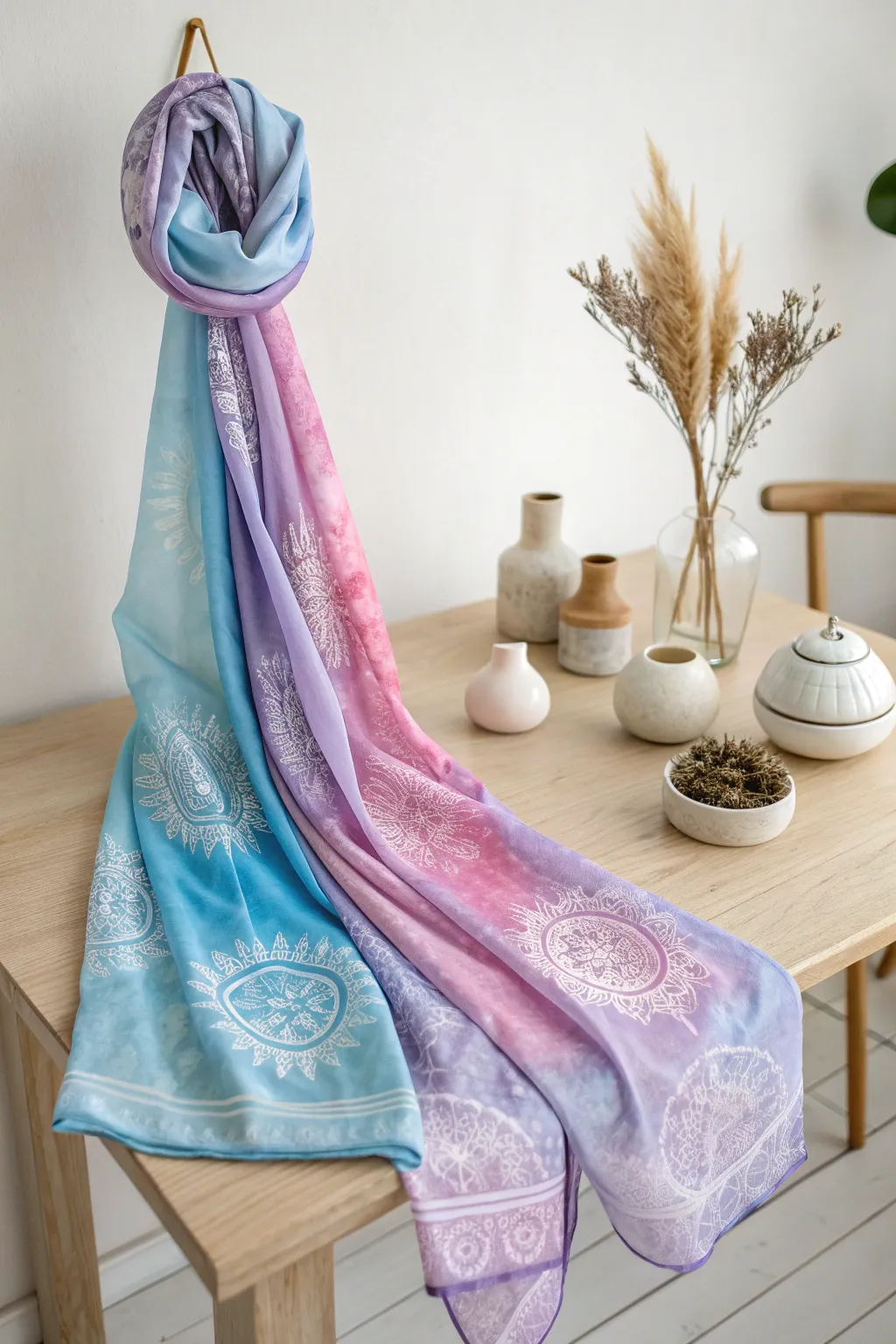 Elevate your style with the timeless elegance of a tie-dye scarf. Perfect for adding a touch of artistry to any outfit.