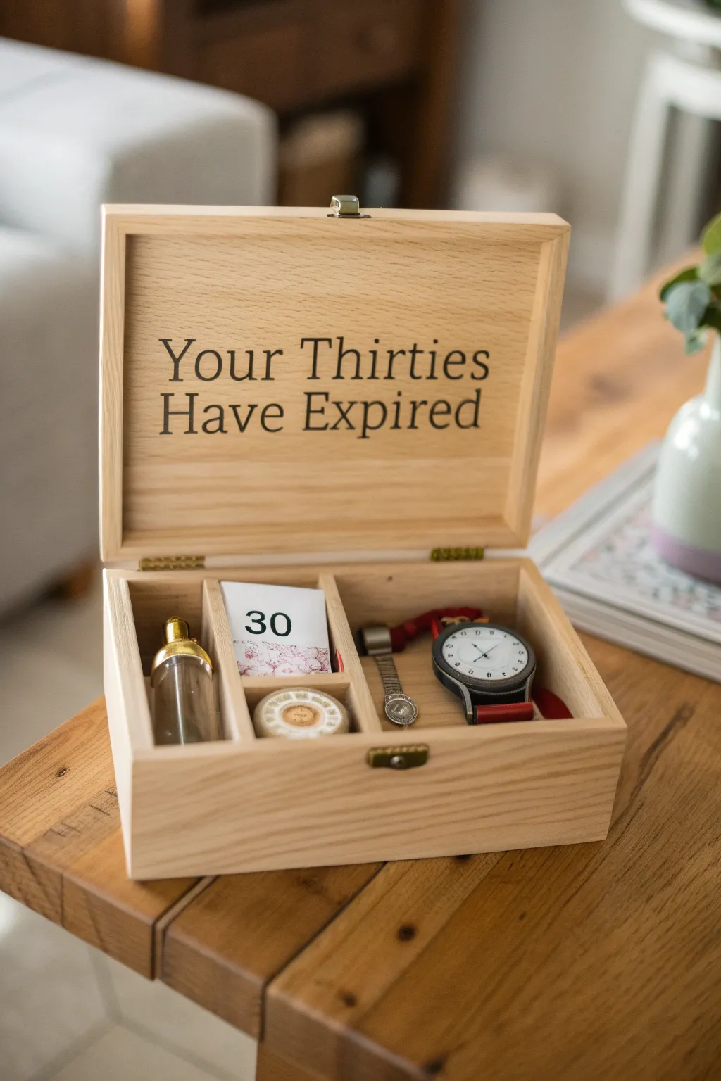 Celebrate milestones with humor and style in a 'Your Thirties Have Expired' themed box!