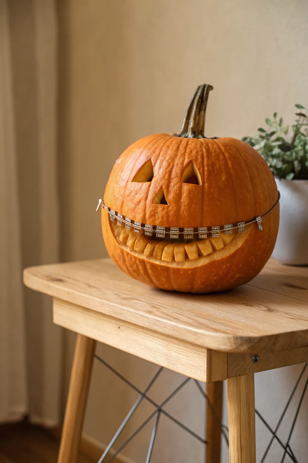 Embrace the awkward charm of teen years with this hilarious Pumpkin with Braces!