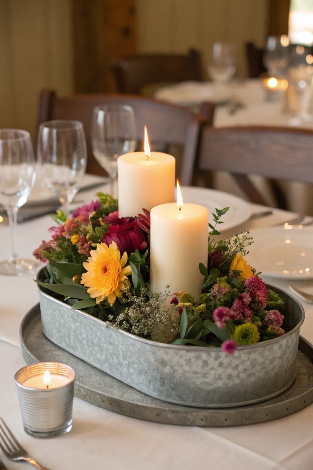 Create stunning table centerpieces with galvanized trays.