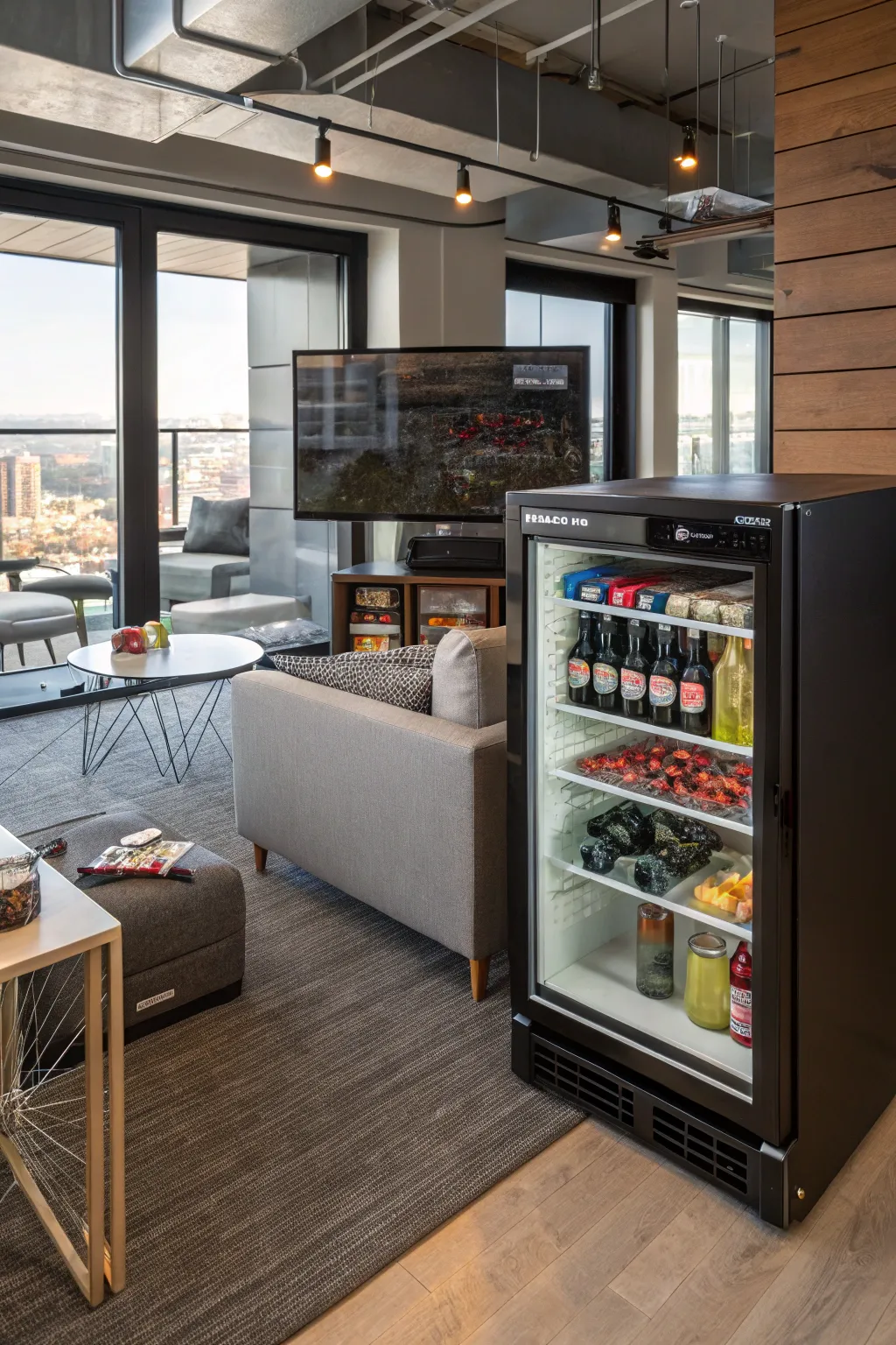 Stay refreshed with a convenient mini fridge in your gaming loft.