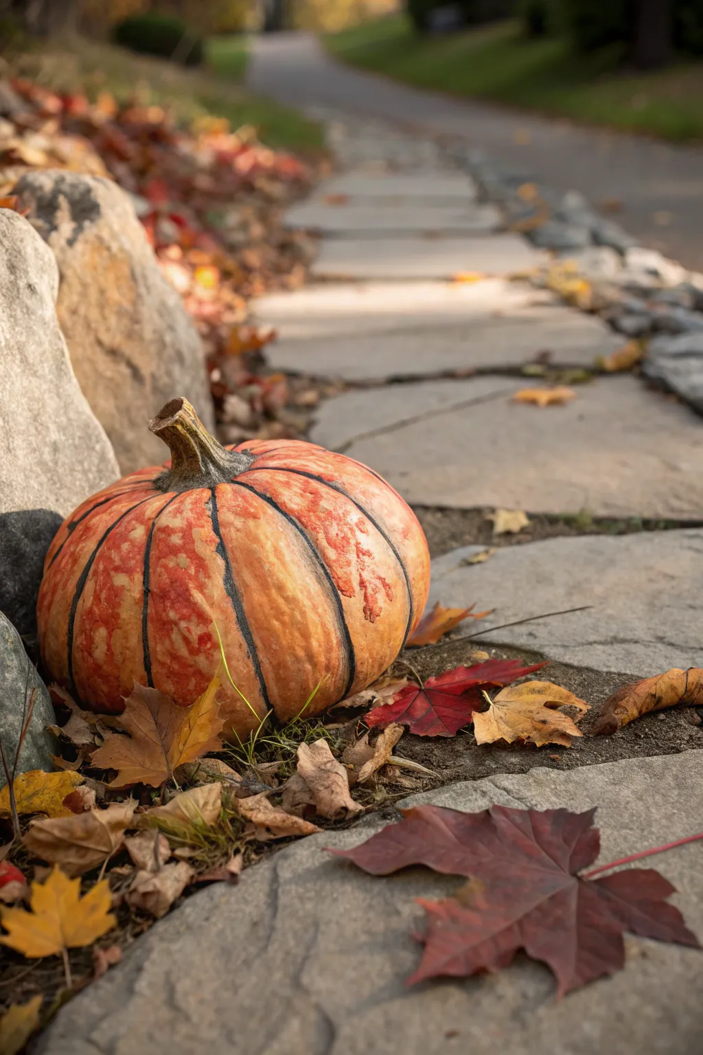 Embrace autumn's charm with handcrafted pumpkin rocks, perfect for a cozy garden pathway!