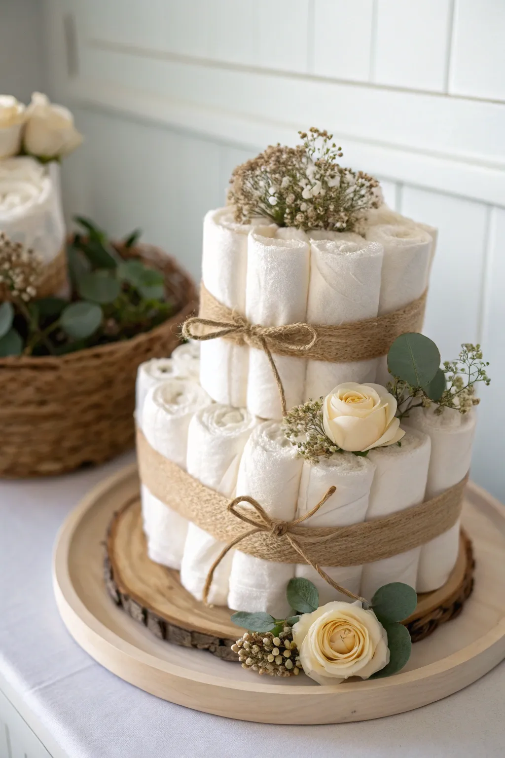 Embrace the beauty of simplicity with this elegant, gender-neutral diaper cake, perfect for any baby celebration.