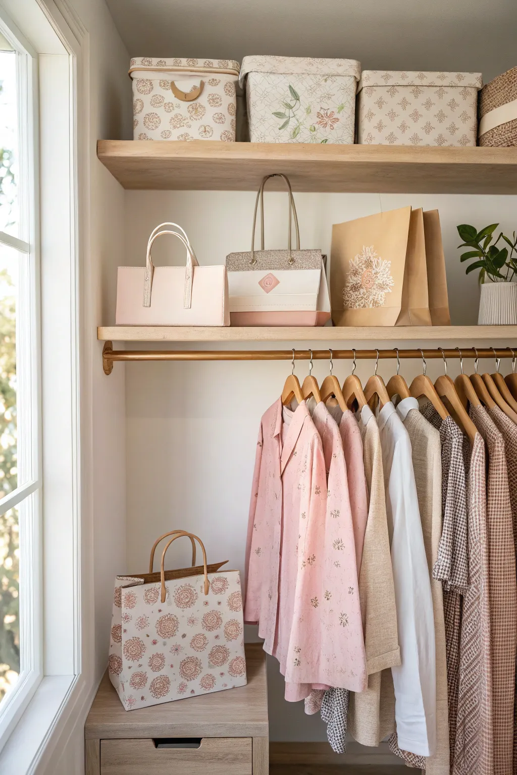 Elevate your closet with stylish gift bag storage that blends minimalism with boho charm.
