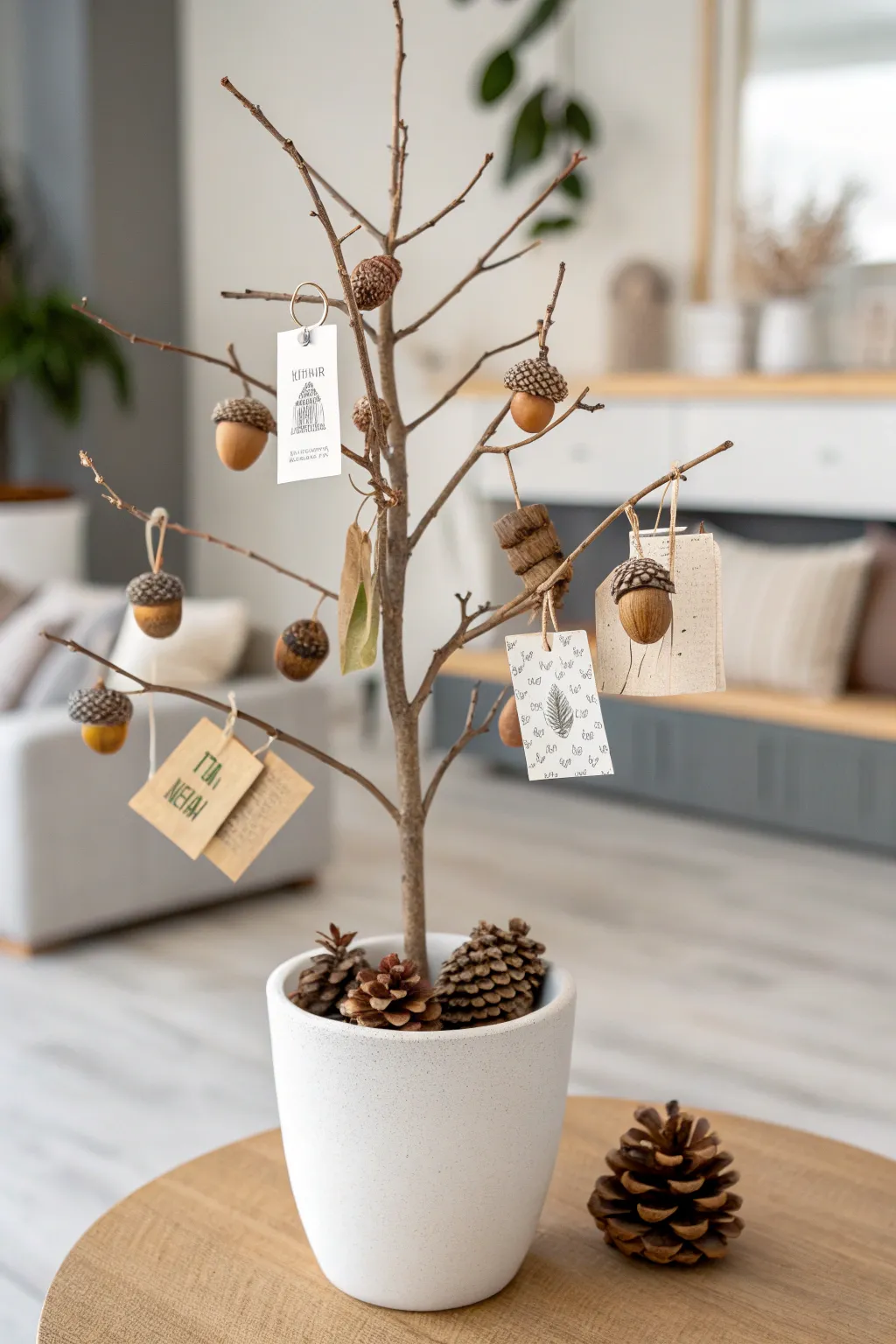 Embrace nature's elegance with a gift card tree adorned with pine cones and acorns. Perfect for a touch of minimalist charm.
