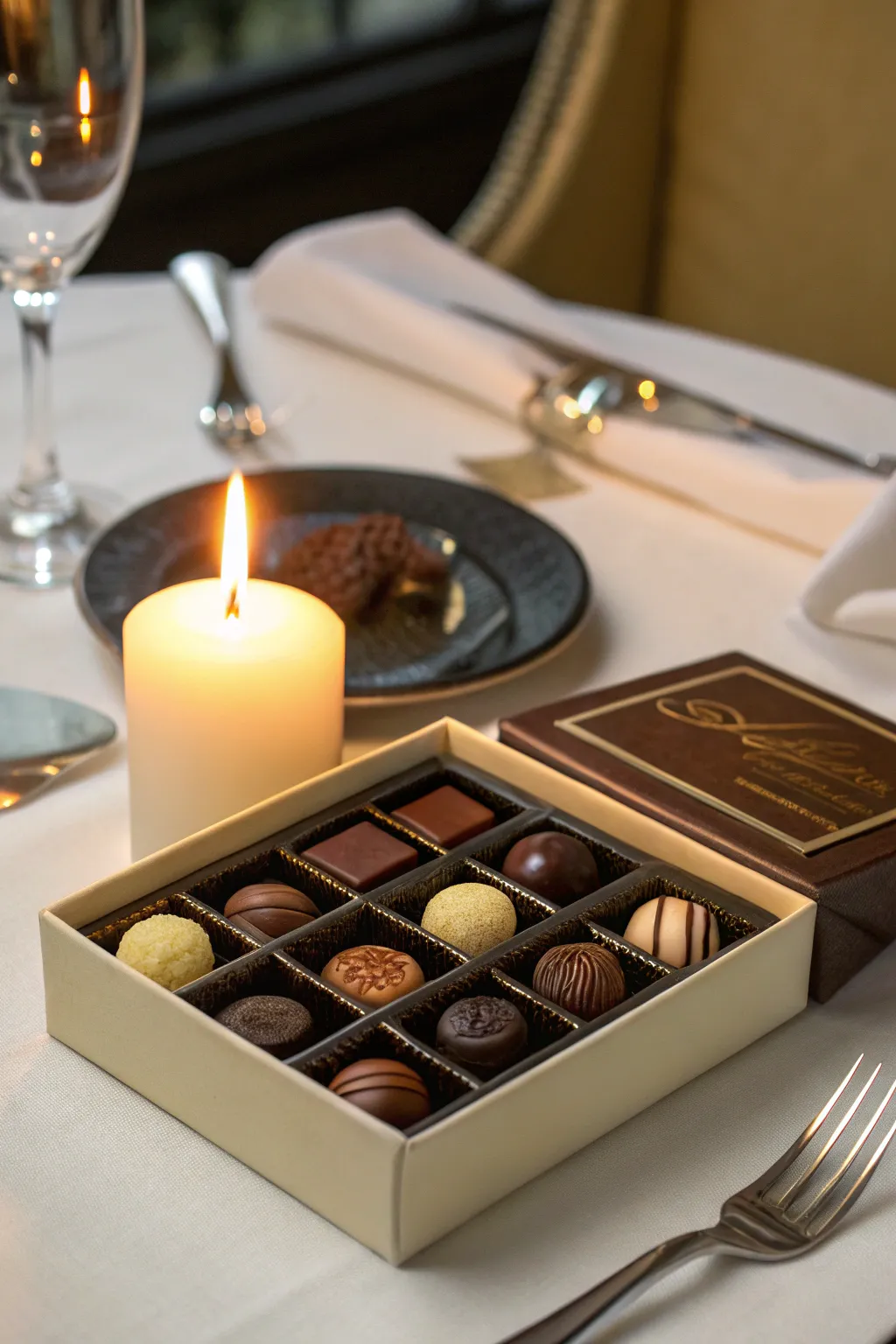 Gourmet chocolates create a decadent pairing with candles.