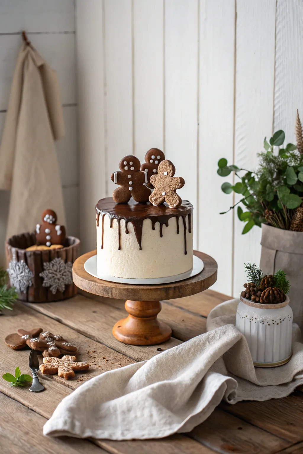 Delight in the simplicity of chocolate-dipped gingerbread men atop a minimalist cake—a perfect blend of spice and sweetness.
