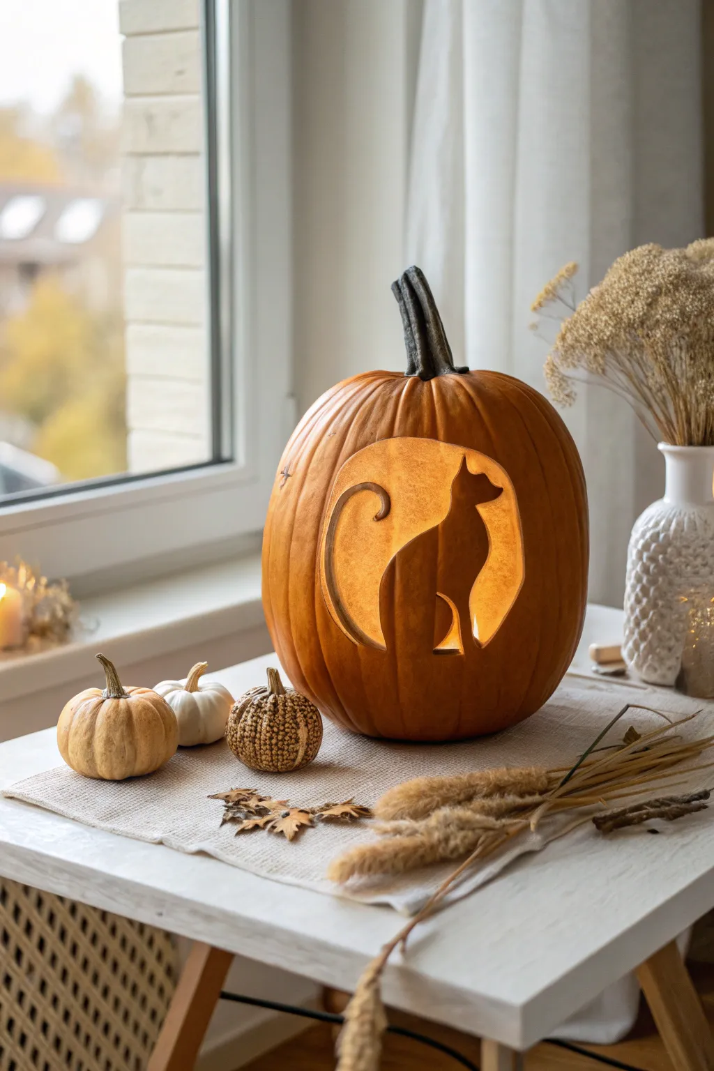 Embrace the charm of autumn with this whimsical animal silhouette pumpkin carving. Perfectly blending Scandinavian simplicity with boho warmth.