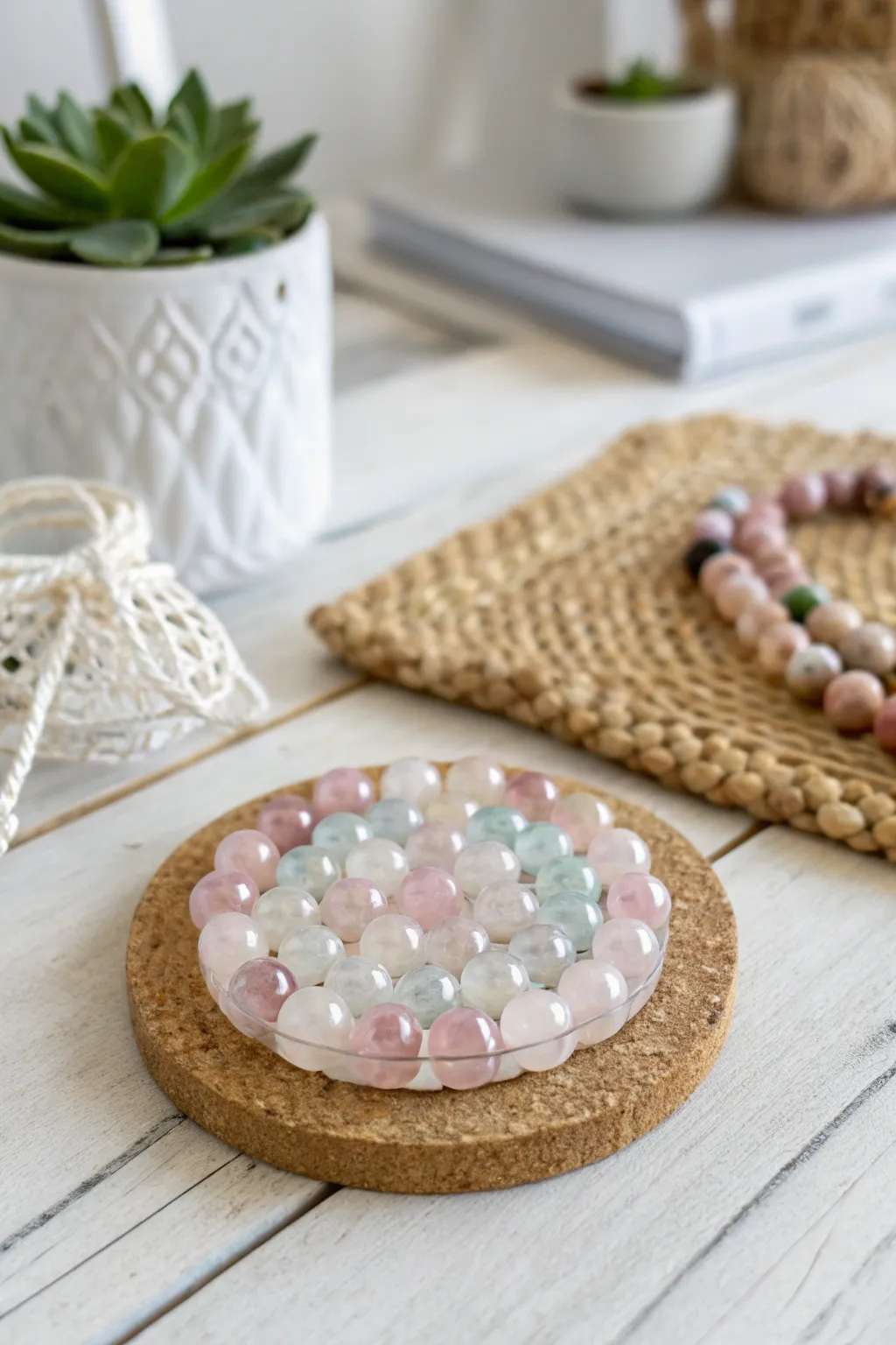 Elevate your table decor with the natural beauty of handcrafted glass bead coasters.