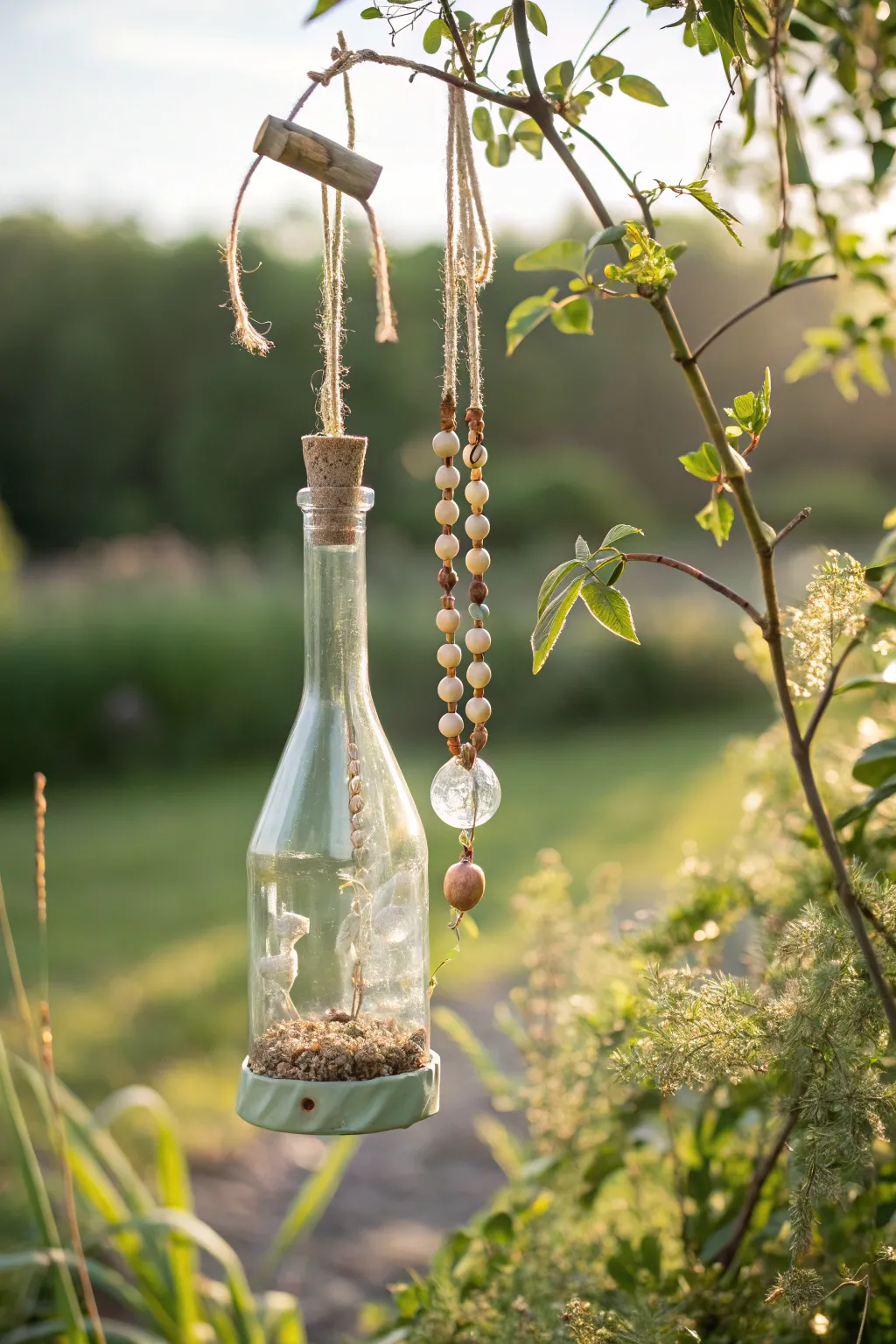 Invite nature into your garden with a handcrafted glass bottle bird feeder.
