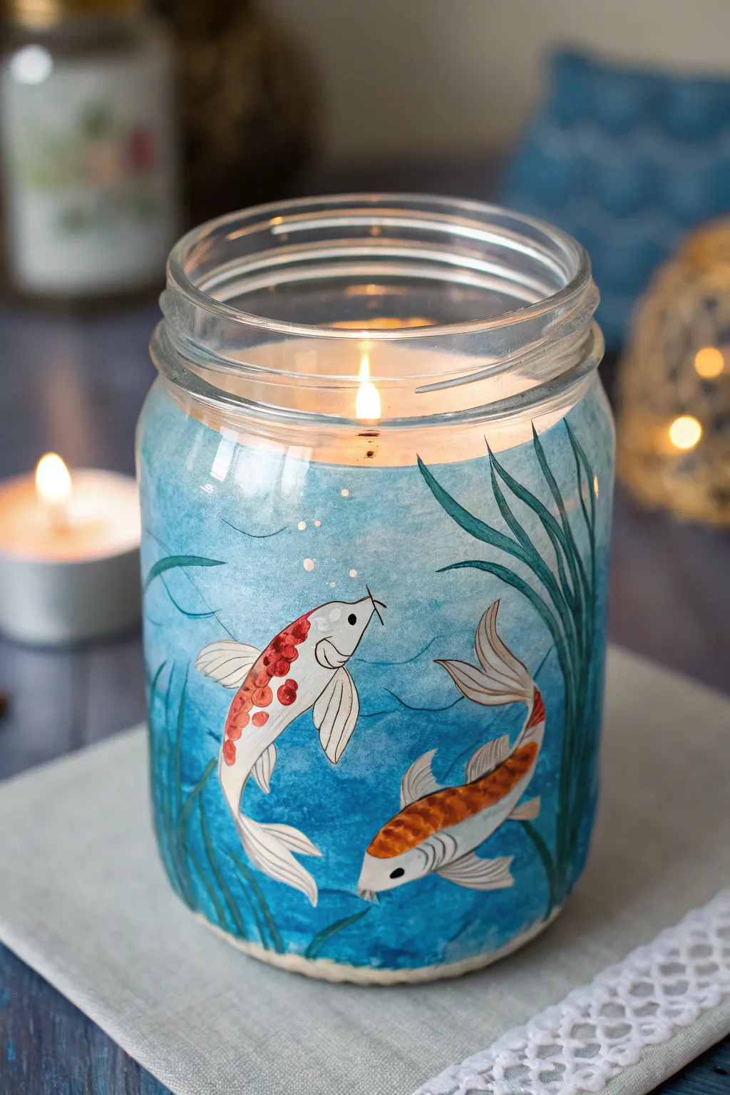 Illuminate your space with the serene beauty of koi fish in a handcrafted glass jar, where simplicity meets artistry.
