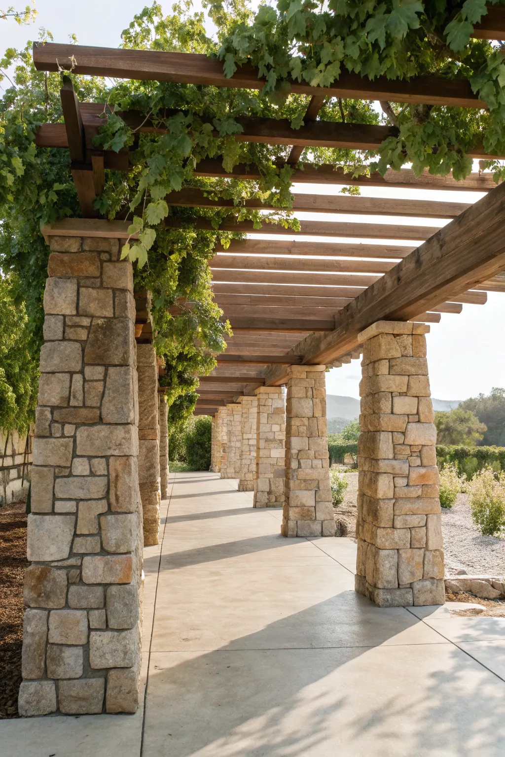 Discover the charm of a rustic stone and wood grapevine arbor, where natural beauty meets elegant simplicity.