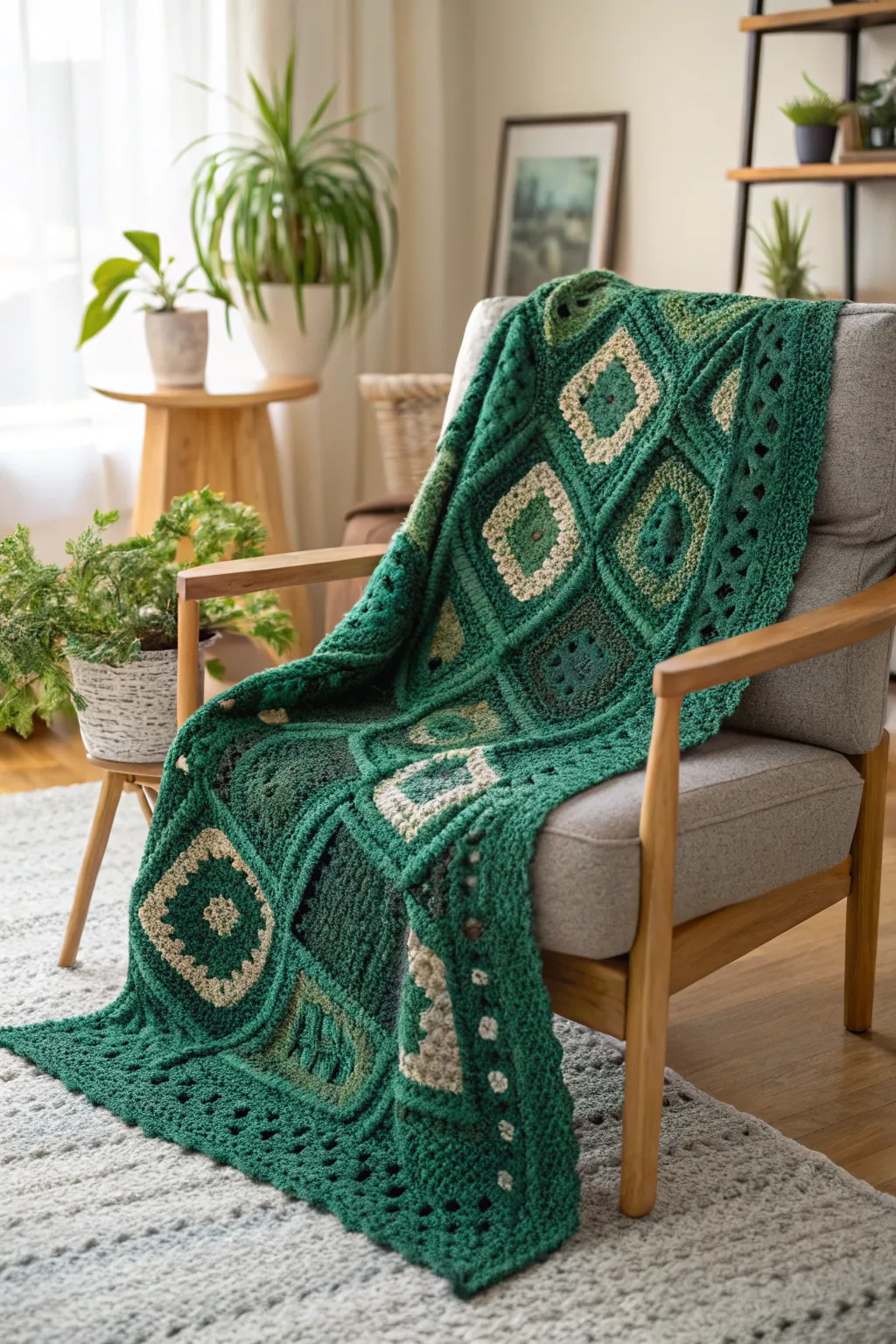 Wrap yourself in the warmth and elegance of this emerald green granny square blanket – where timeless craftsmanship meets modern minimalist charm.