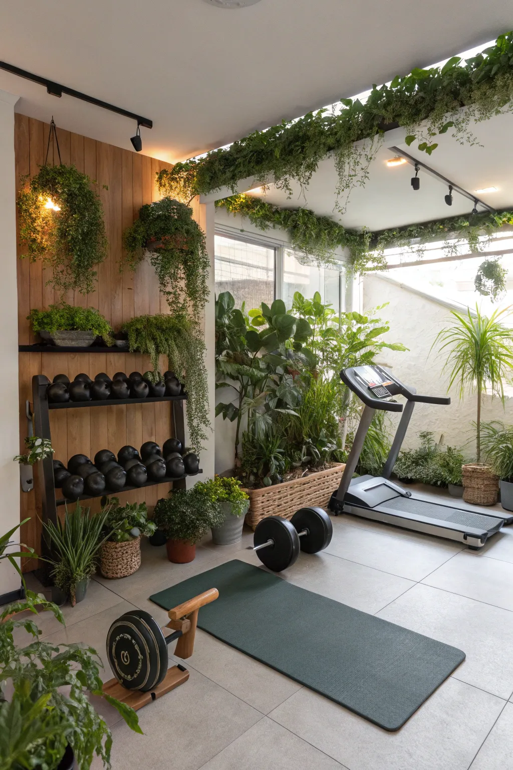 Greenery adds freshness and vitality to a home gym.