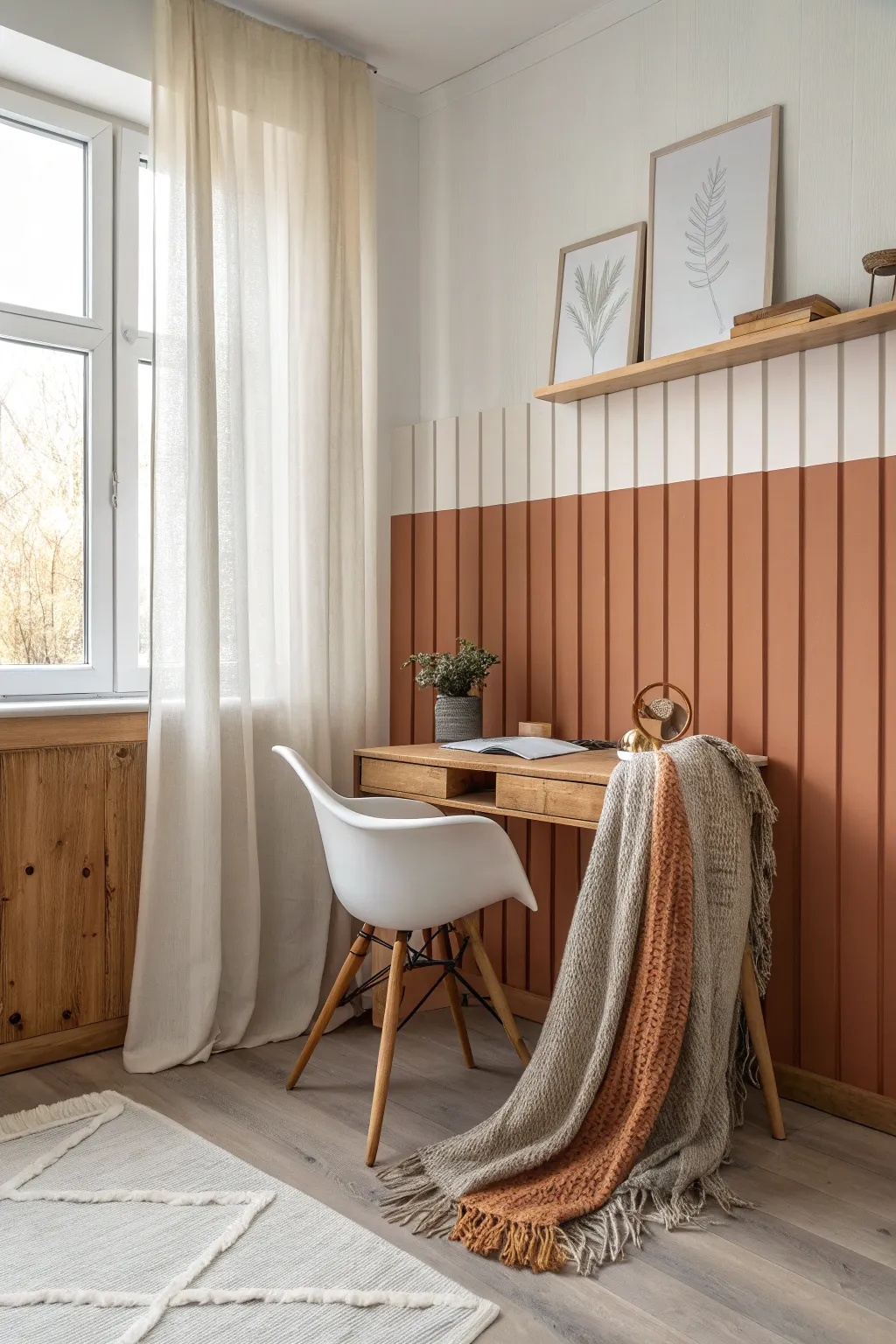 Transform your space with the charm of painted wood panels for a cozy and stylish retreat. #ScandiBoho #InteriorDesign