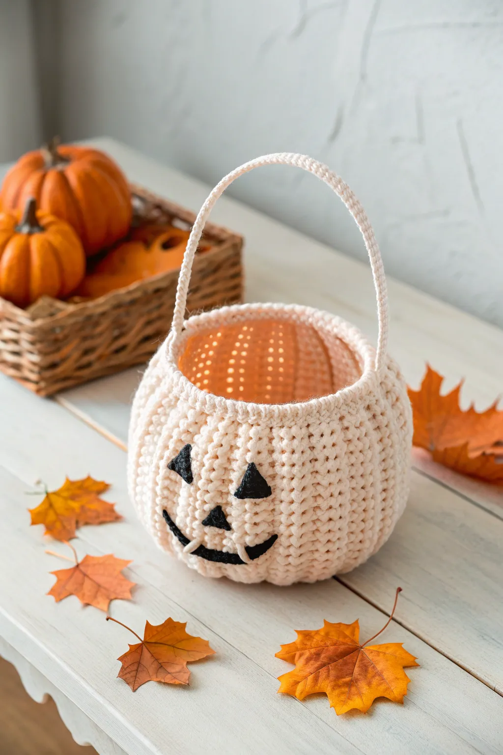 Embrace the autumn charm with this delightful crochet jack-o'-lantern basket, perfect for adding a touch of handcrafted elegance to your Halloween decor.