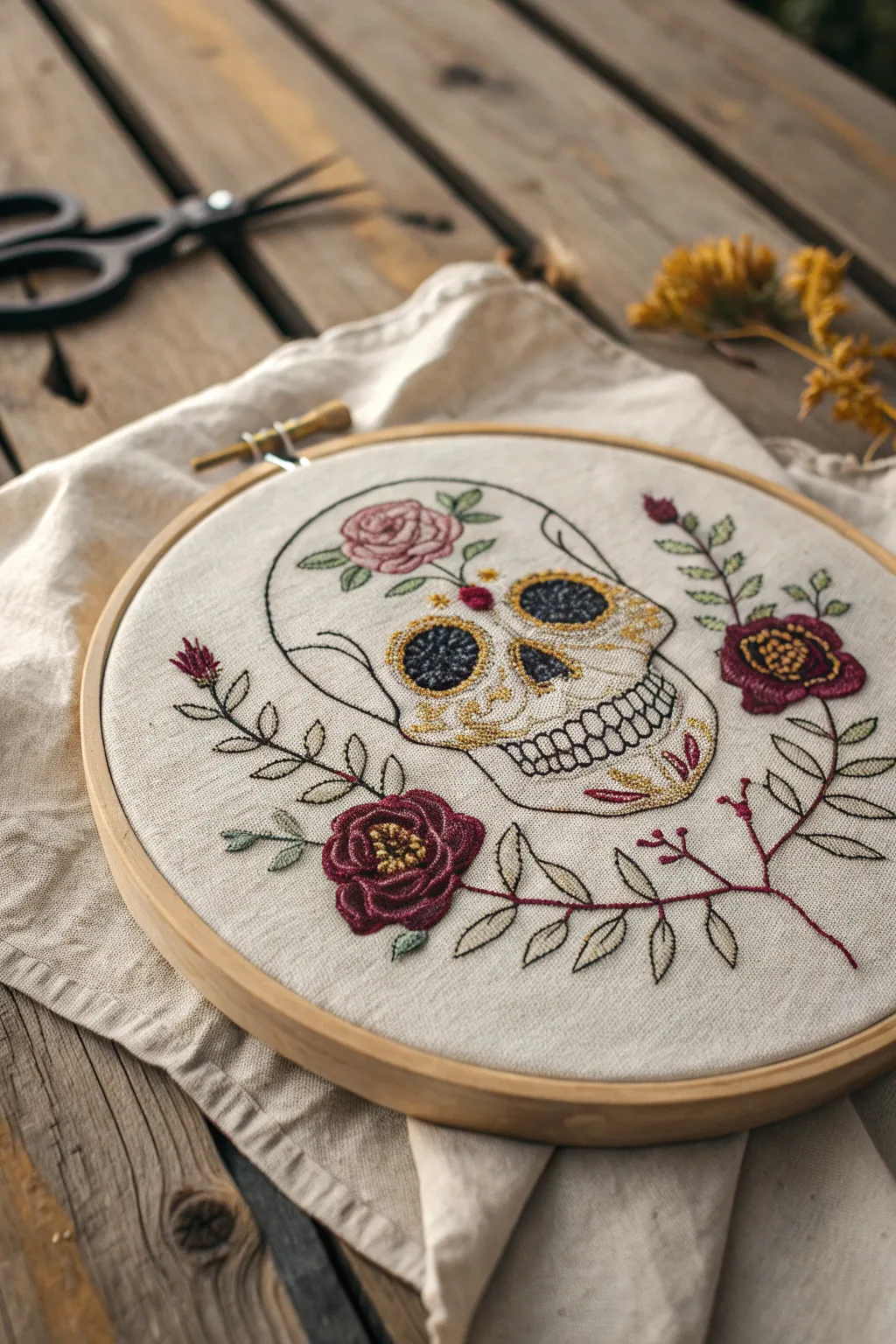 Elevate your Halloween decor with a modern twist on classic skull embroidery, where edgy meets elegance.
