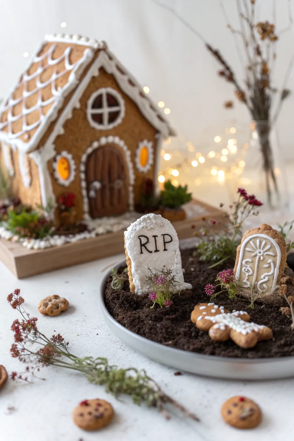 Embrace the charm of Halloween with a minimalist twist—this gingerbread house cemetery is the perfect blend of spooky and chic.