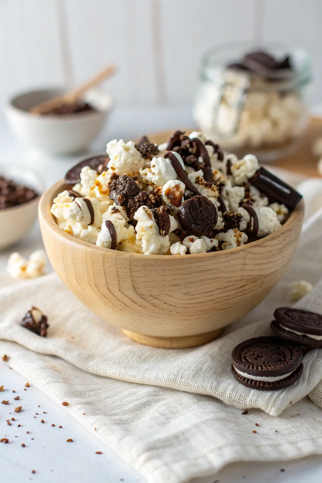Indulge in a delightful blend of chocolate and Oreos with this simple, decadent popcorn treat.