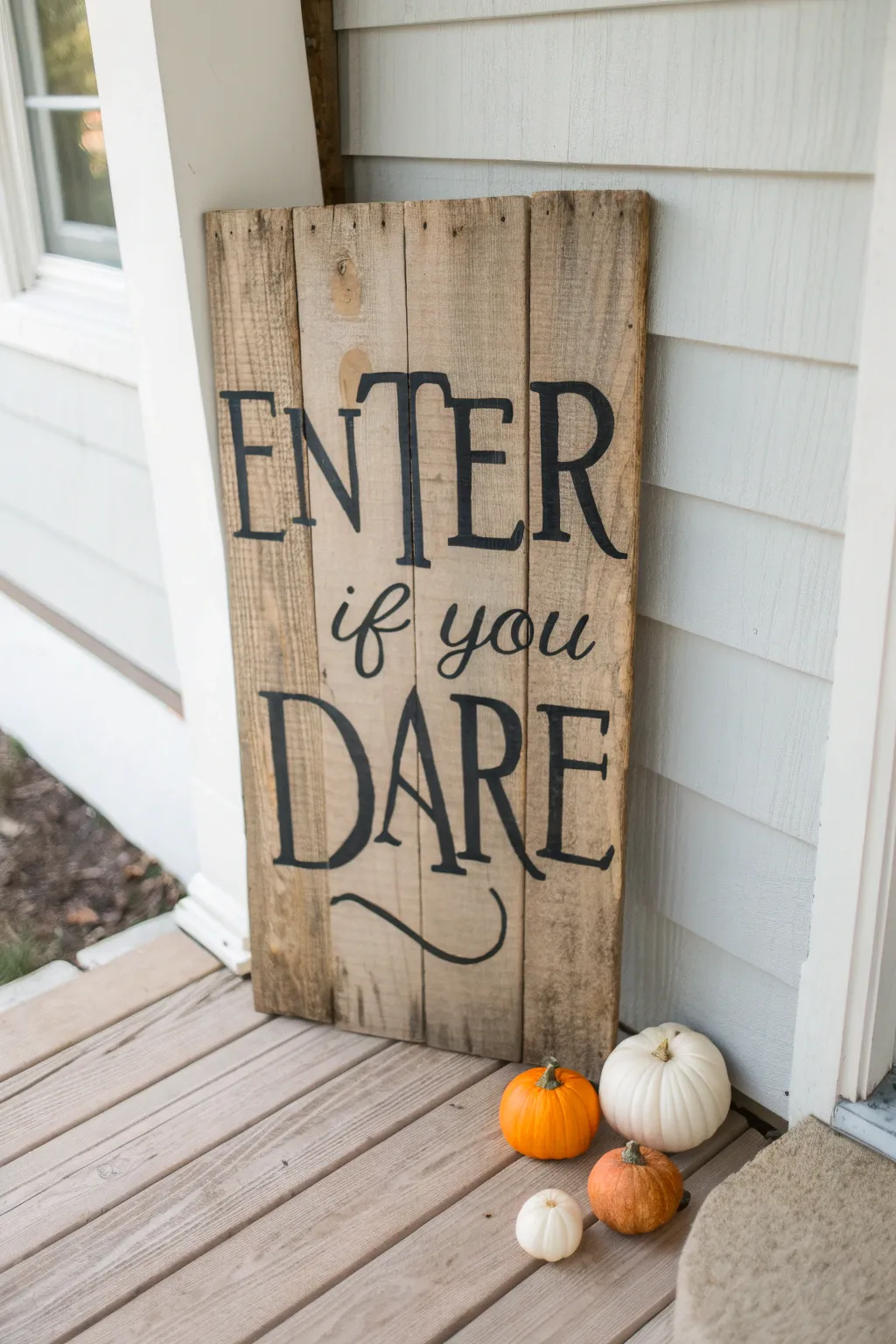 Welcome the spooky season with minimalist charm—handcrafted signage for a perfectly eerie porch.