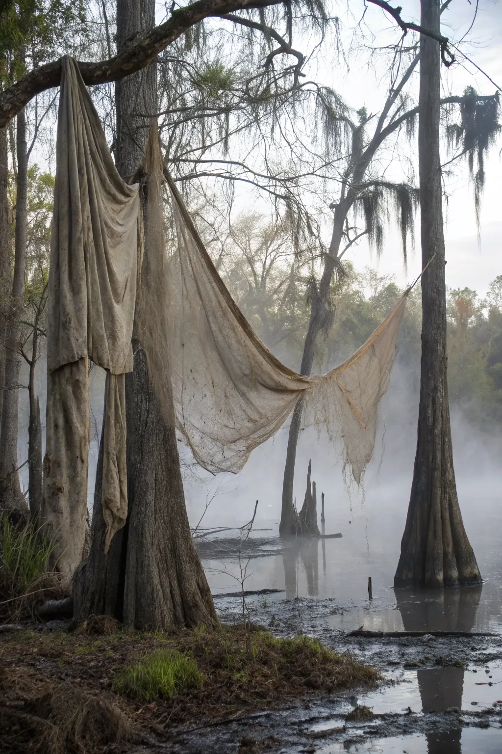 Create a sense of decay with tattered fabric and netting.