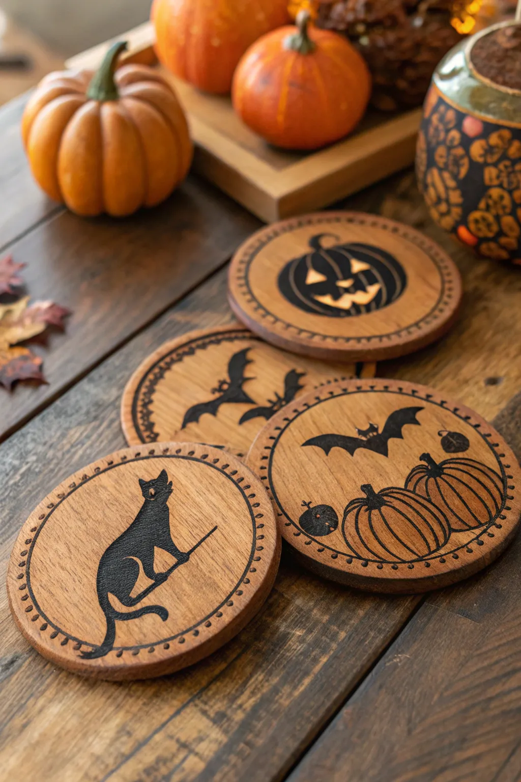 Elevate your Halloween decor with these beautifully crafted wooden coasters, perfect for adding a touch of spooky elegance!
