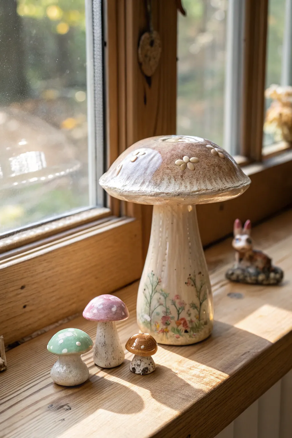 Bring a touch of magic to your home with this enchanting ceramic mushroom scene.