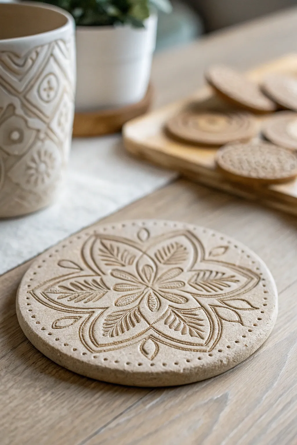 Elevate your table setting with the charm of stamped clay coasters, where simplicity meets intricate beauty.