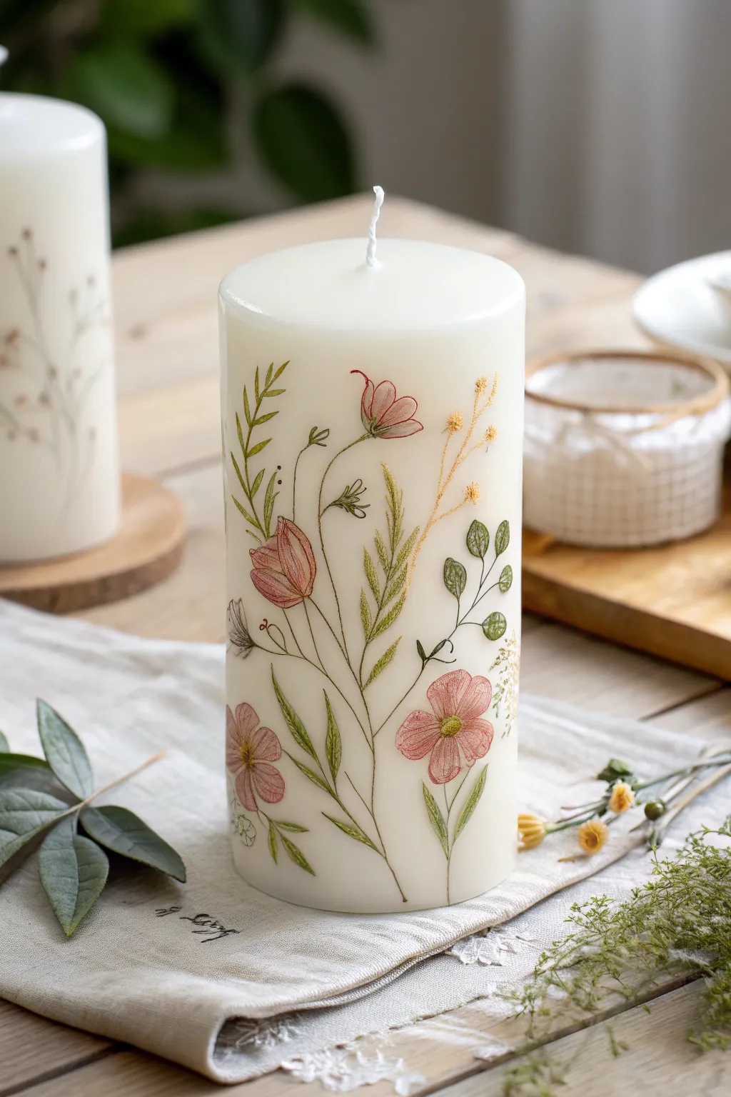 Elevate your space with the subtle charm of floral candle art — simplicity meets elegance.