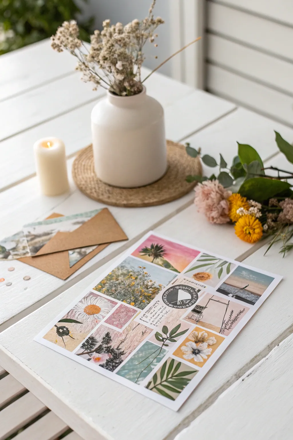 Embrace creativity with layered beauty: Handmade collage postcard inspiration.