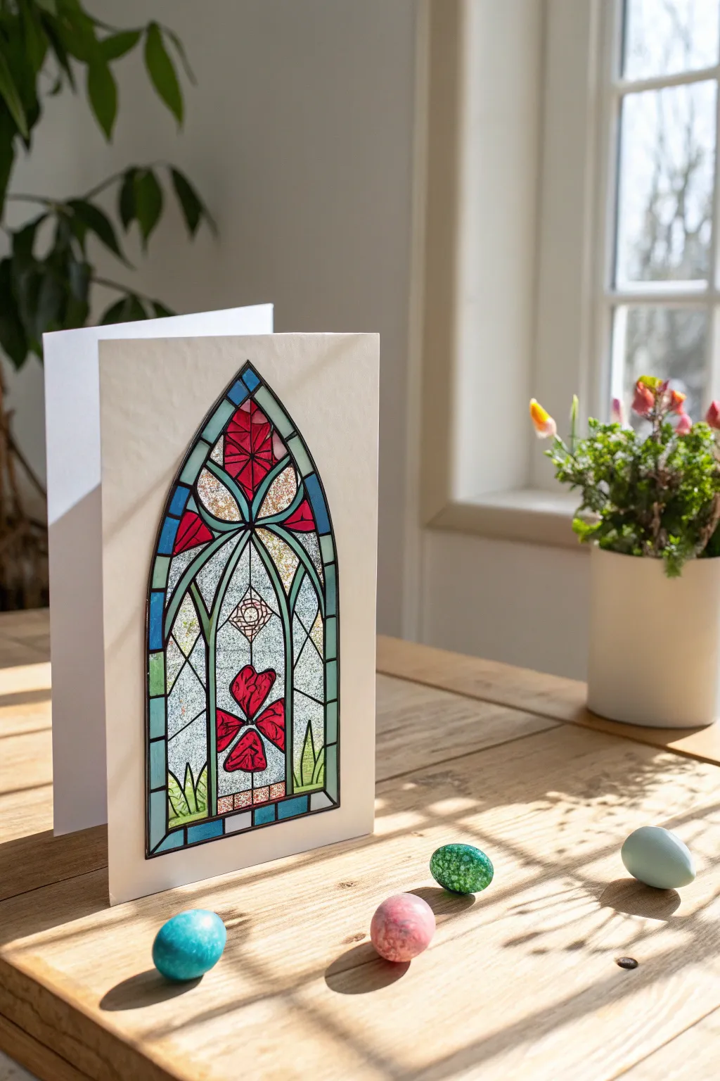 Capture the beauty of Easter with a handmade stained glass effect card, a perfect blend of artistry and simplicity.