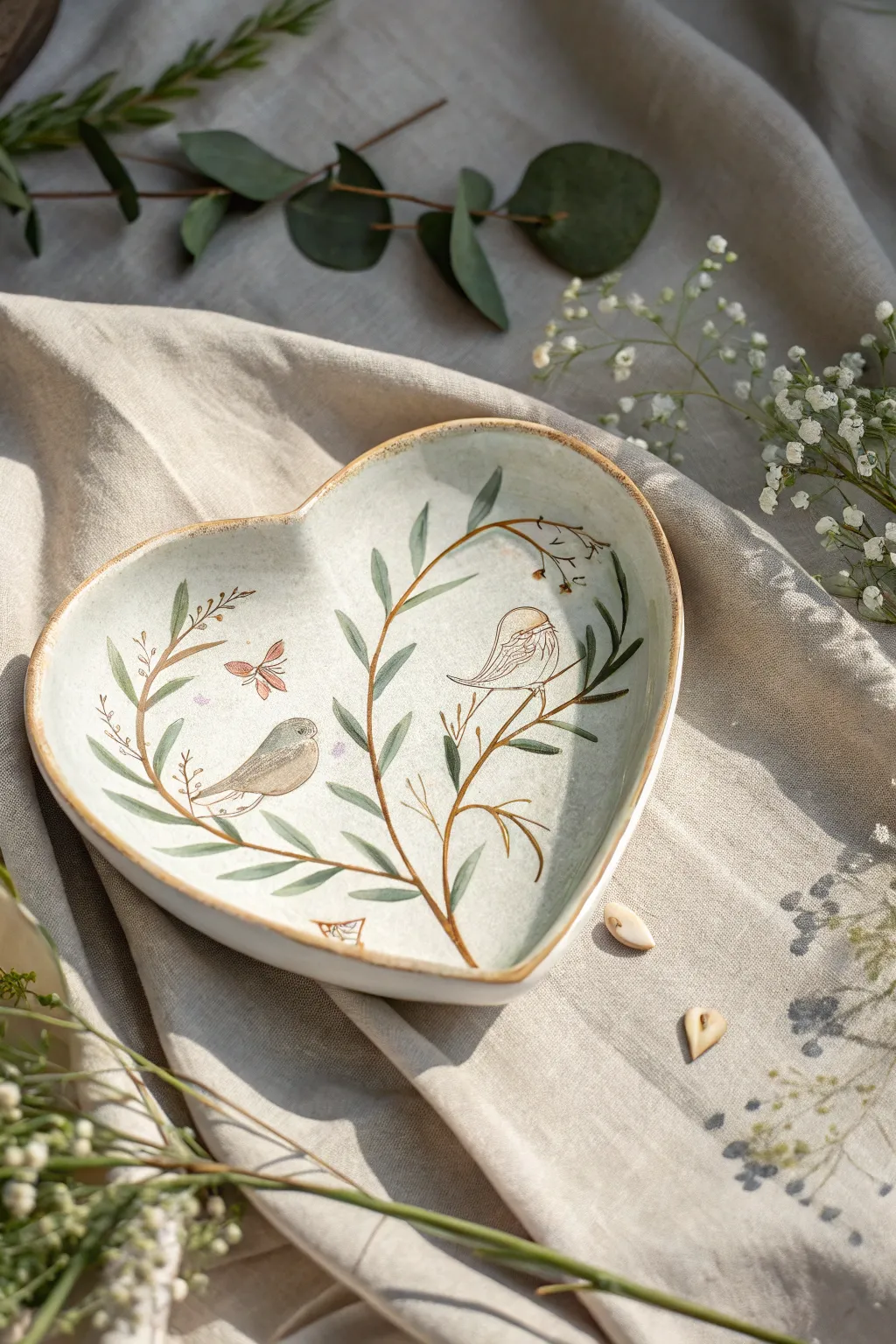 Embrace the tranquility of nature with this elegantly painted heart plate, a perfect blend of minimalist design and natural beauty.