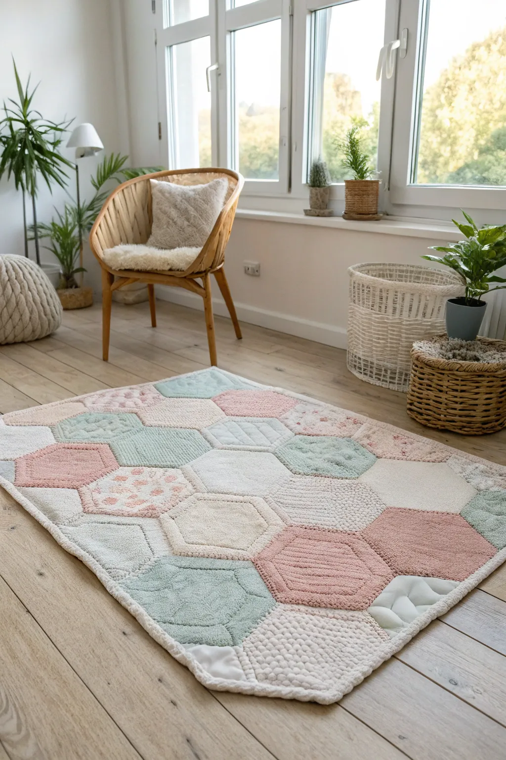 Transform your space with the elegance of a handcrafted hexagon quilt floor mat, blending minimalist charm with boho warmth.