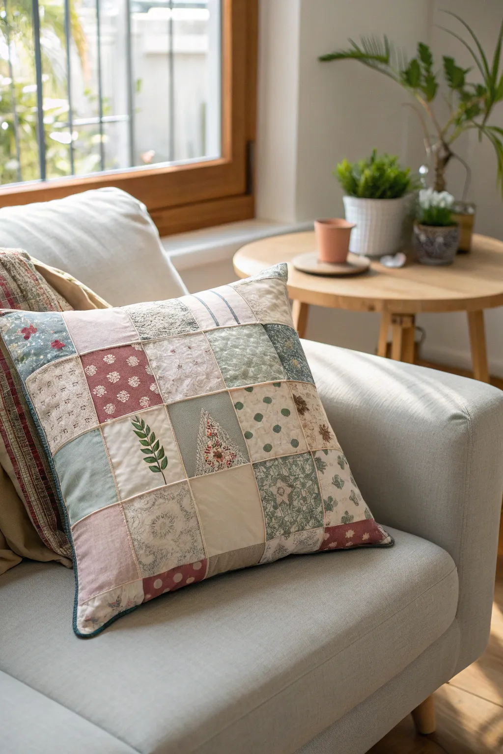 Embrace the art of upcycling with a charming patchwork pillow that adds a touch of color and craftsmanship to your minimalist haven.