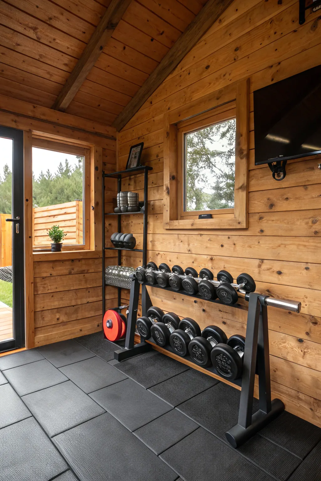 Elevate your workout experience with a home gym that combines rustic charm and modern functionality.