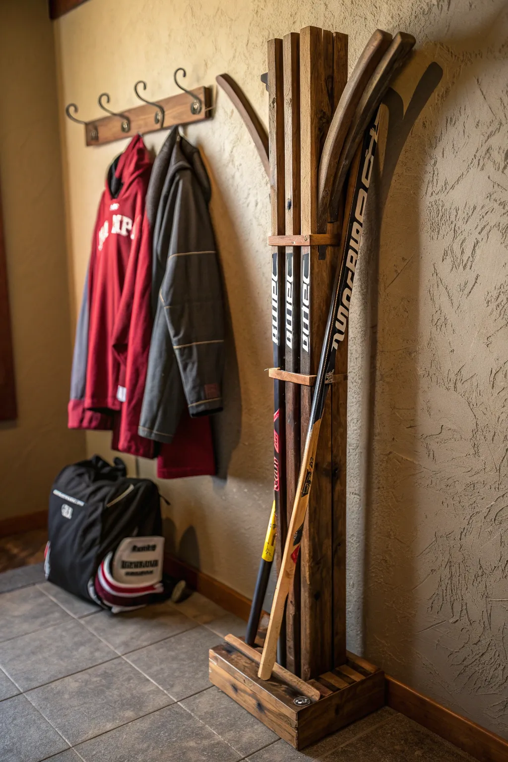 Transform your entryway with this unique hockey stick coat rack – where craftsmanship meets sportsmanship.