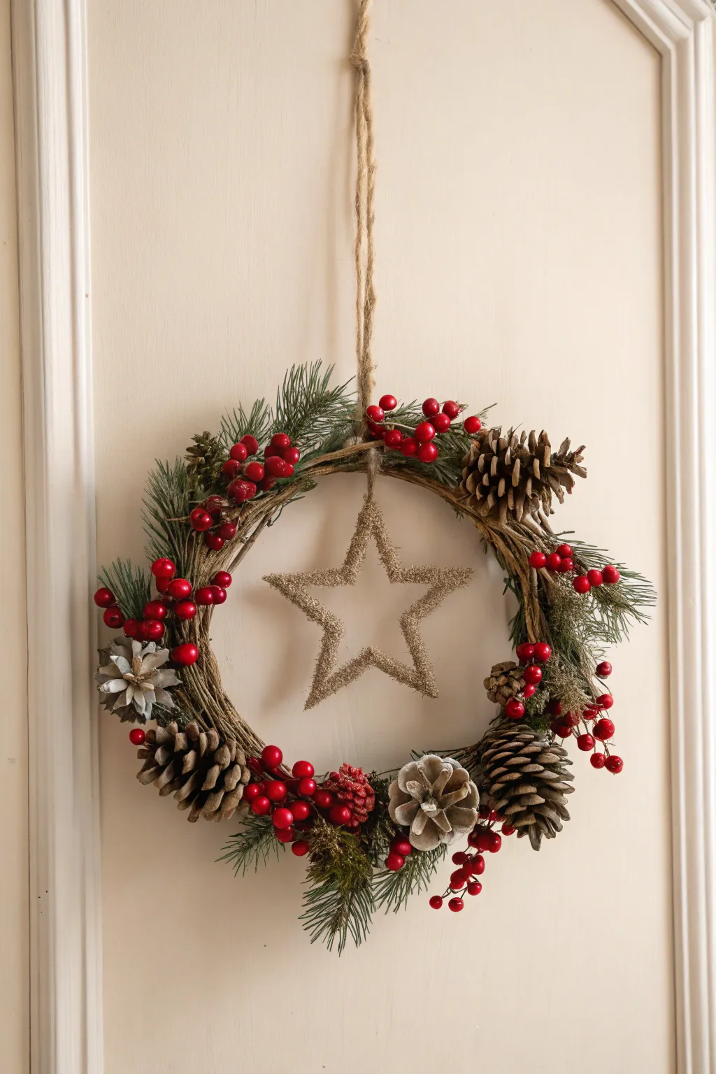 Embrace holiday charm with a star-shaped wreath of pinecones and berries, where simplicity meets natural beauty.
