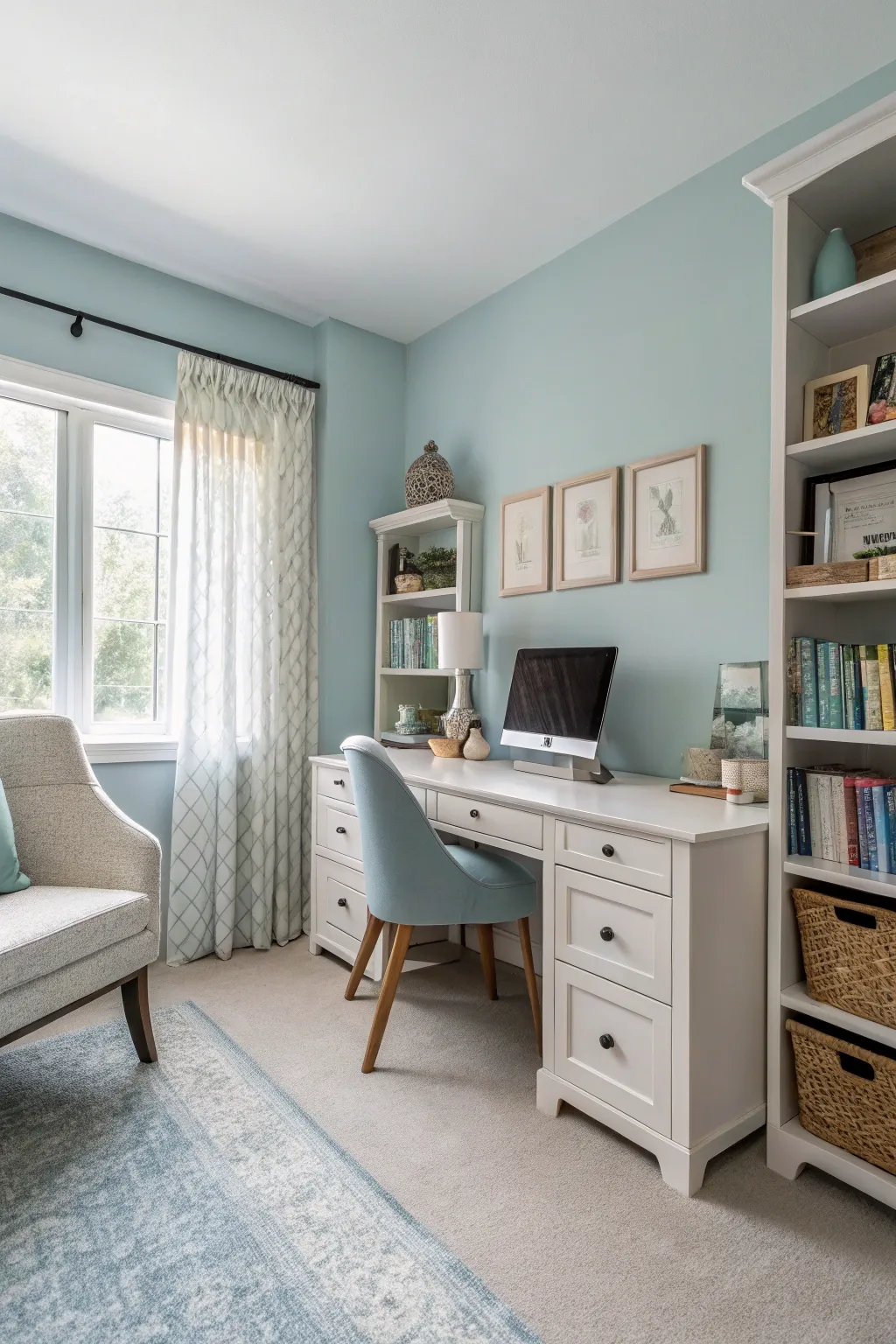 A calming color palette fosters a peaceful work atmosphere.