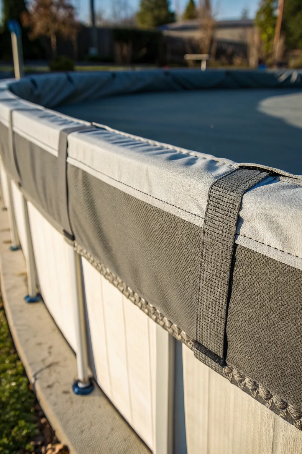 A smart solution for pool cover security: Velcro strips that blend functionality with craftsmanship.