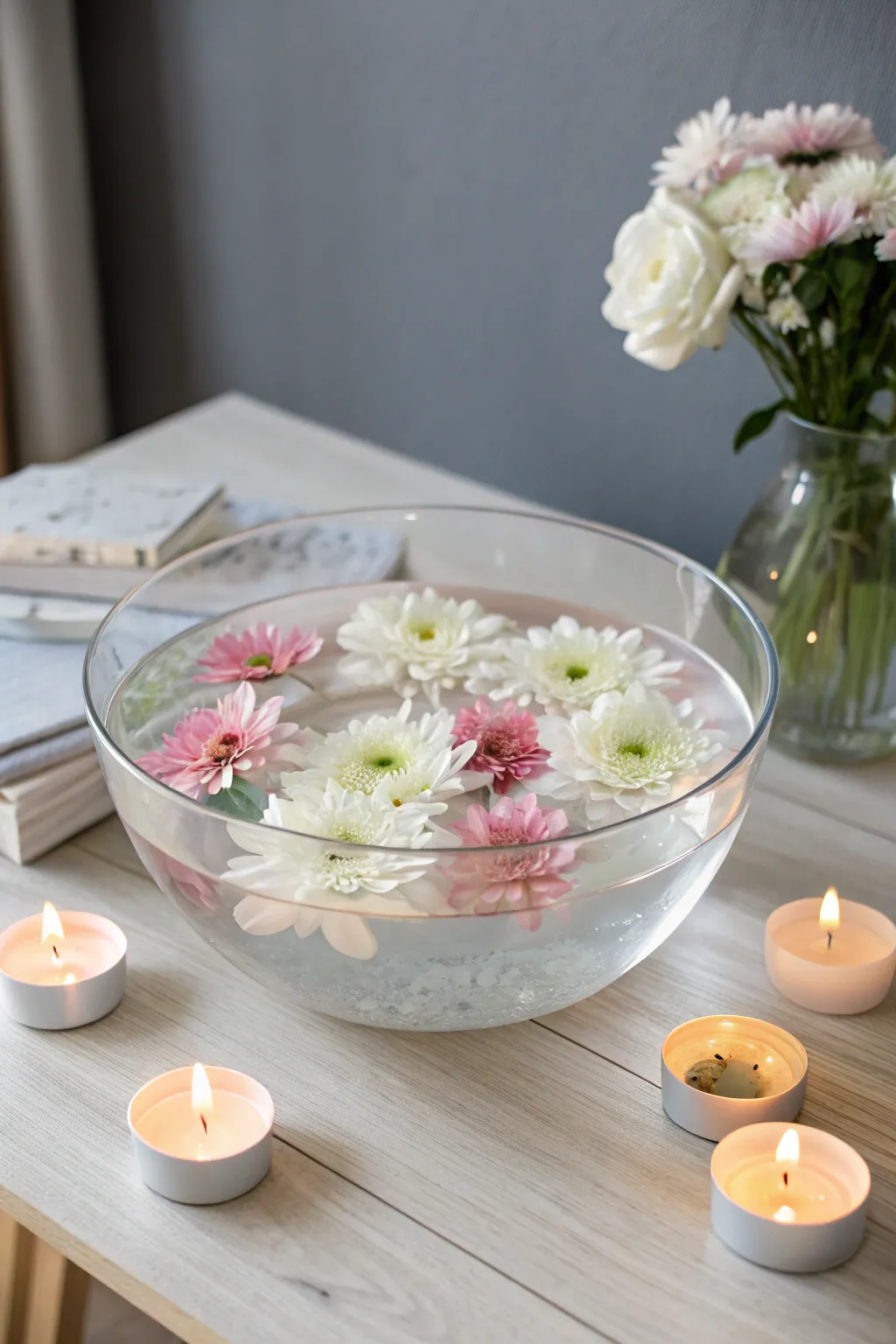 Create a serene ambiance with floating flowers and candles, perfect for a special occasion.