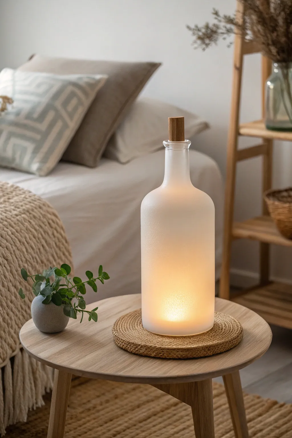Illuminate your space with the cozy glow of a frosted bottle lamp—perfect for adding a touch of warmth to your minimalist haven.