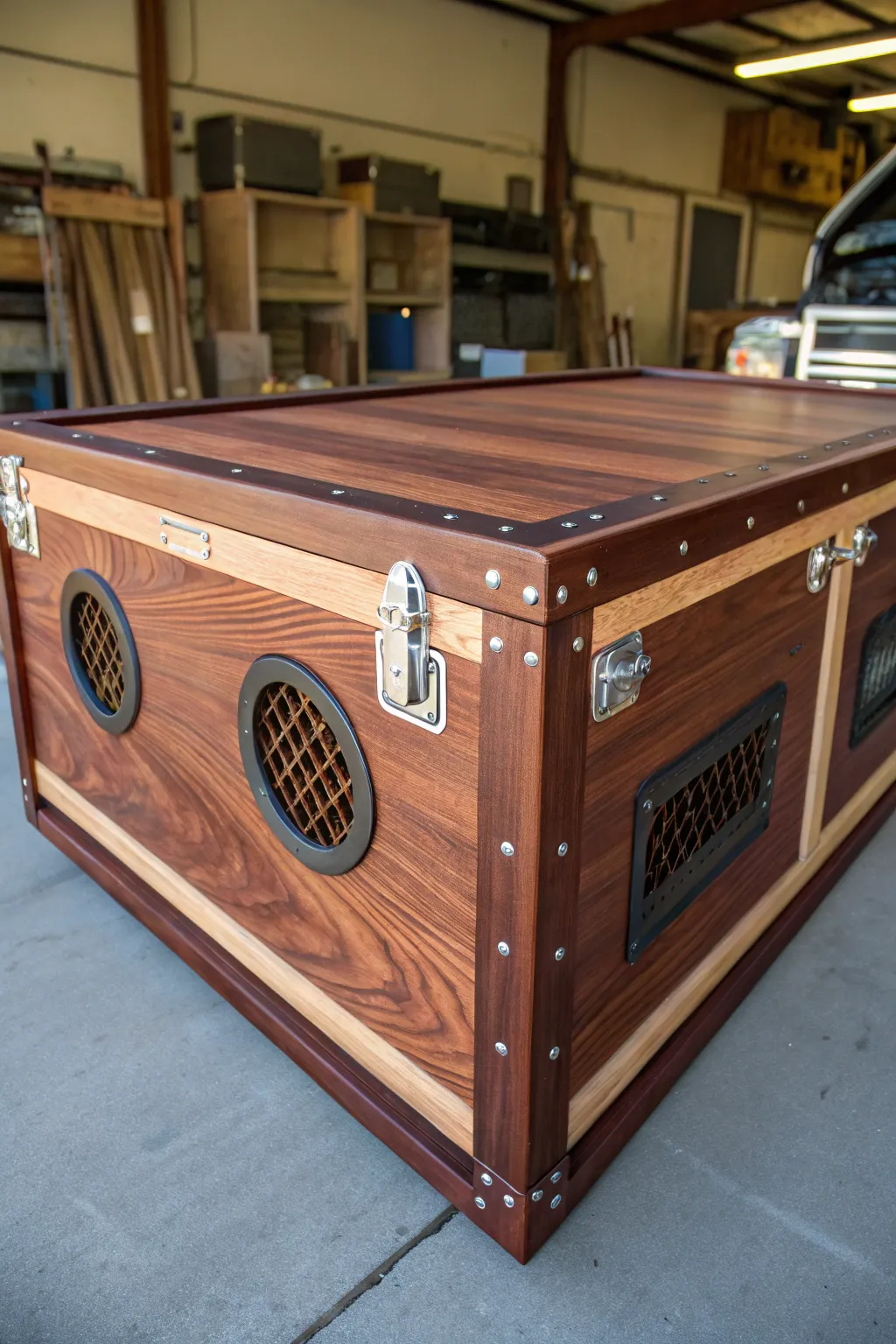 Experience the perfect blend of functionality and craftsmanship with this custom wooden dog box, designed for adventure and comfort.