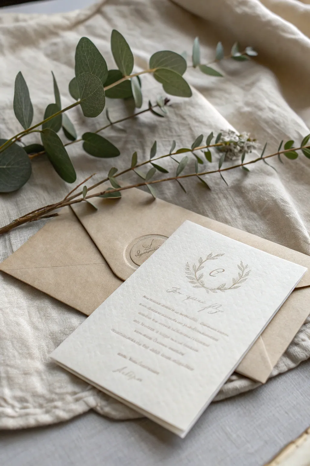 Add a touch of nature to your invites with elegant eucalyptus sprigs for a fresh, minimalist charm.