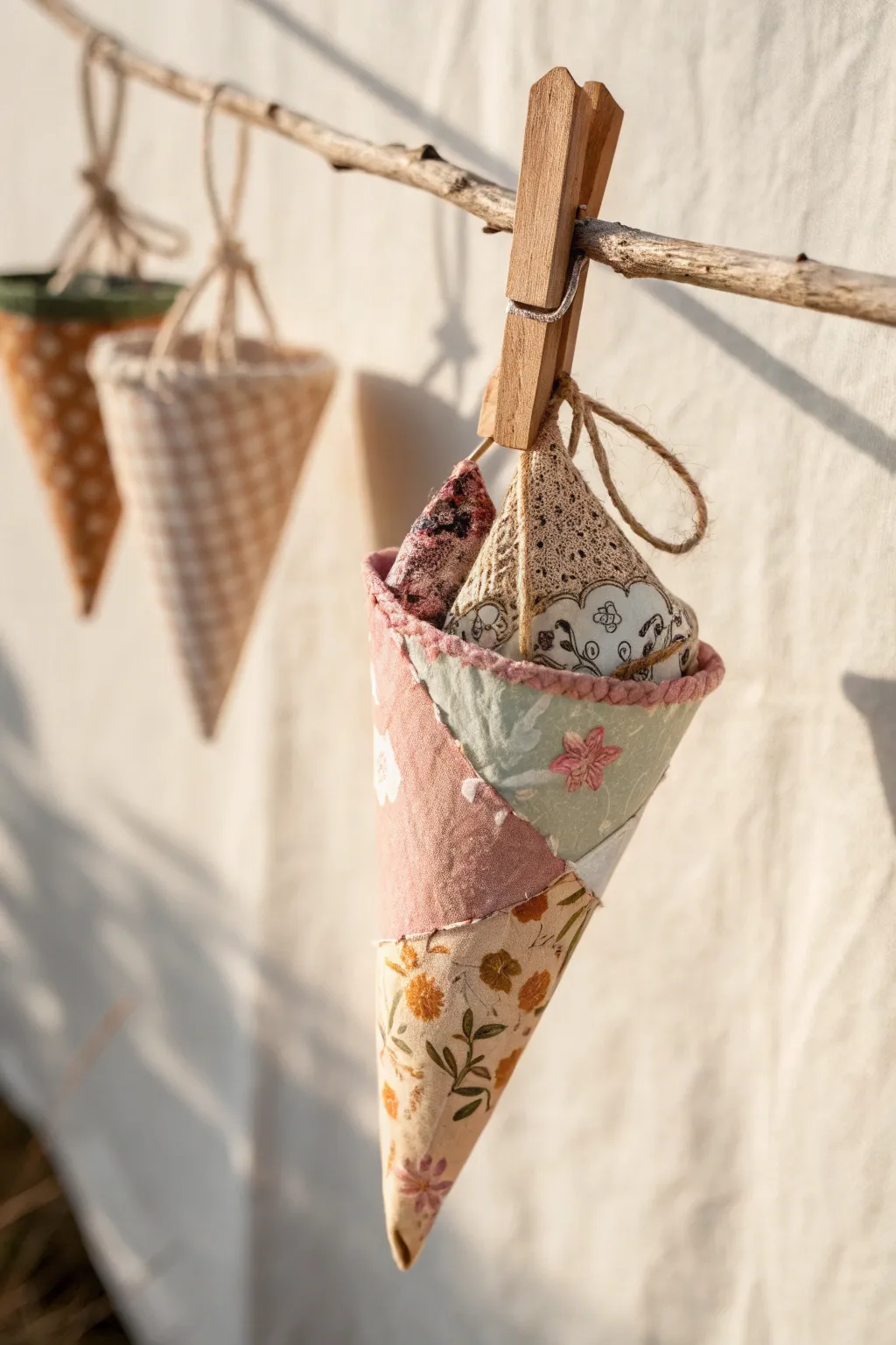 Celebrate May Day with charming fabric scrap cones that blend simplicity and craftsmanship for a touch of boho elegance.
