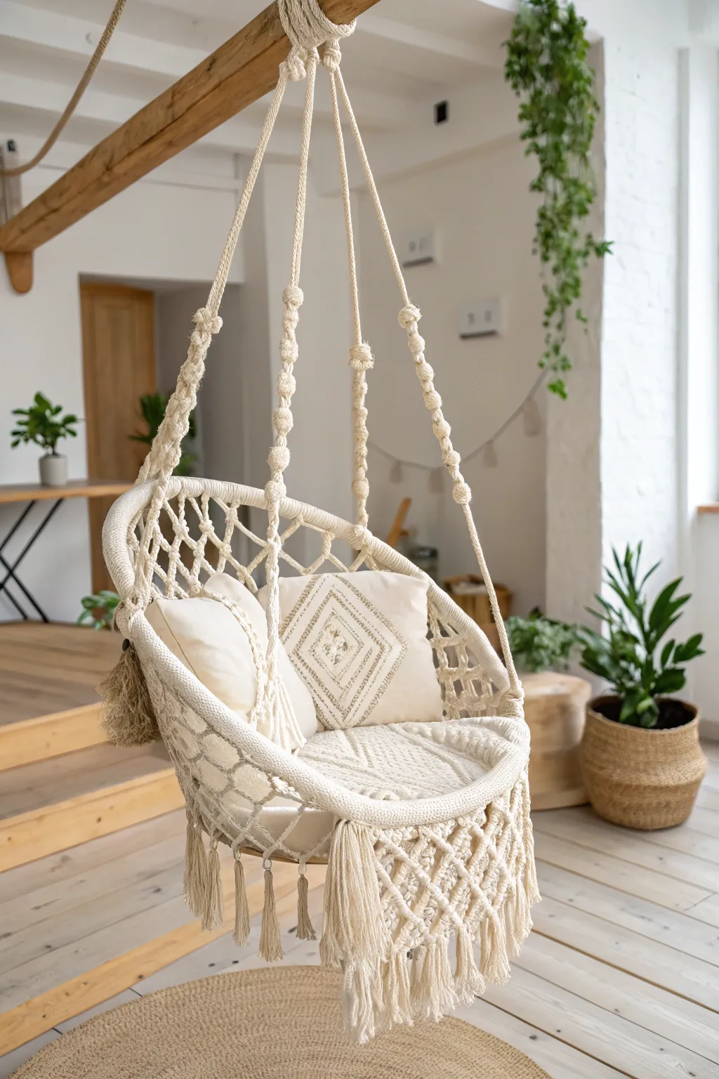 Embrace boho elegance with this chic macrame swing chair, the perfect blend of comfort and style.