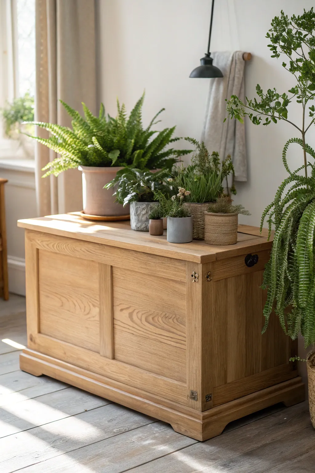 Elevate your living space with a lush plant display on a minimalist hope chest—where nature meets craftsmanship.