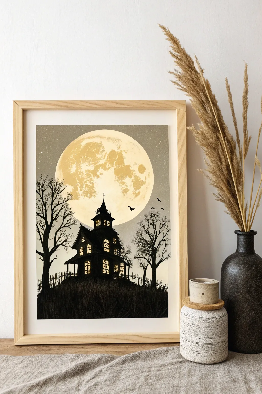 Embrace the spooky charm with this minimalist haunted house silhouette, perfect for a touch of Halloween elegance in your home décor.