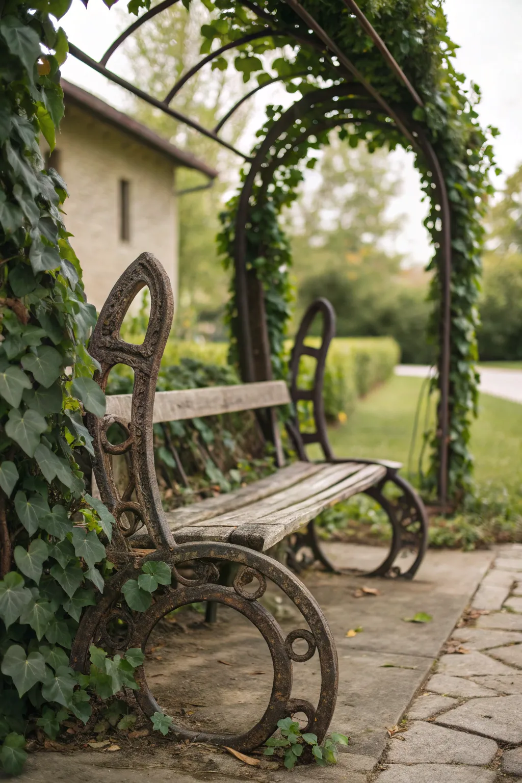 Elevate your garden's charm with a handcrafted horseshoe bench, where nature and metal artistry unite.