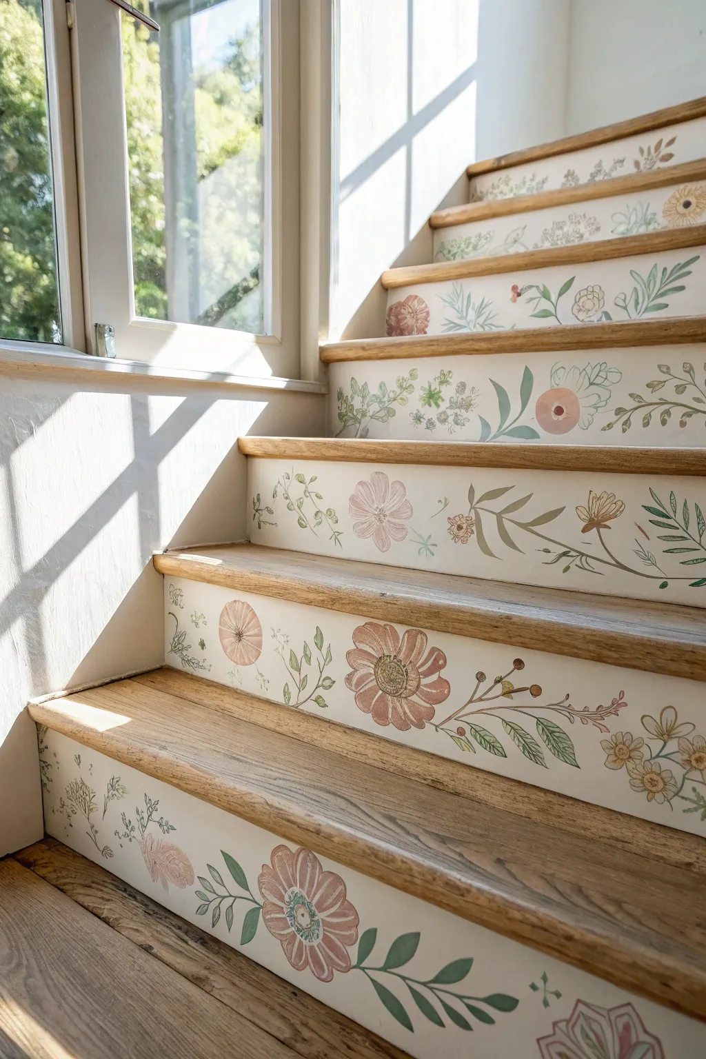 Elevate your staircase with charming floral patterns for a playful and refreshing touch.